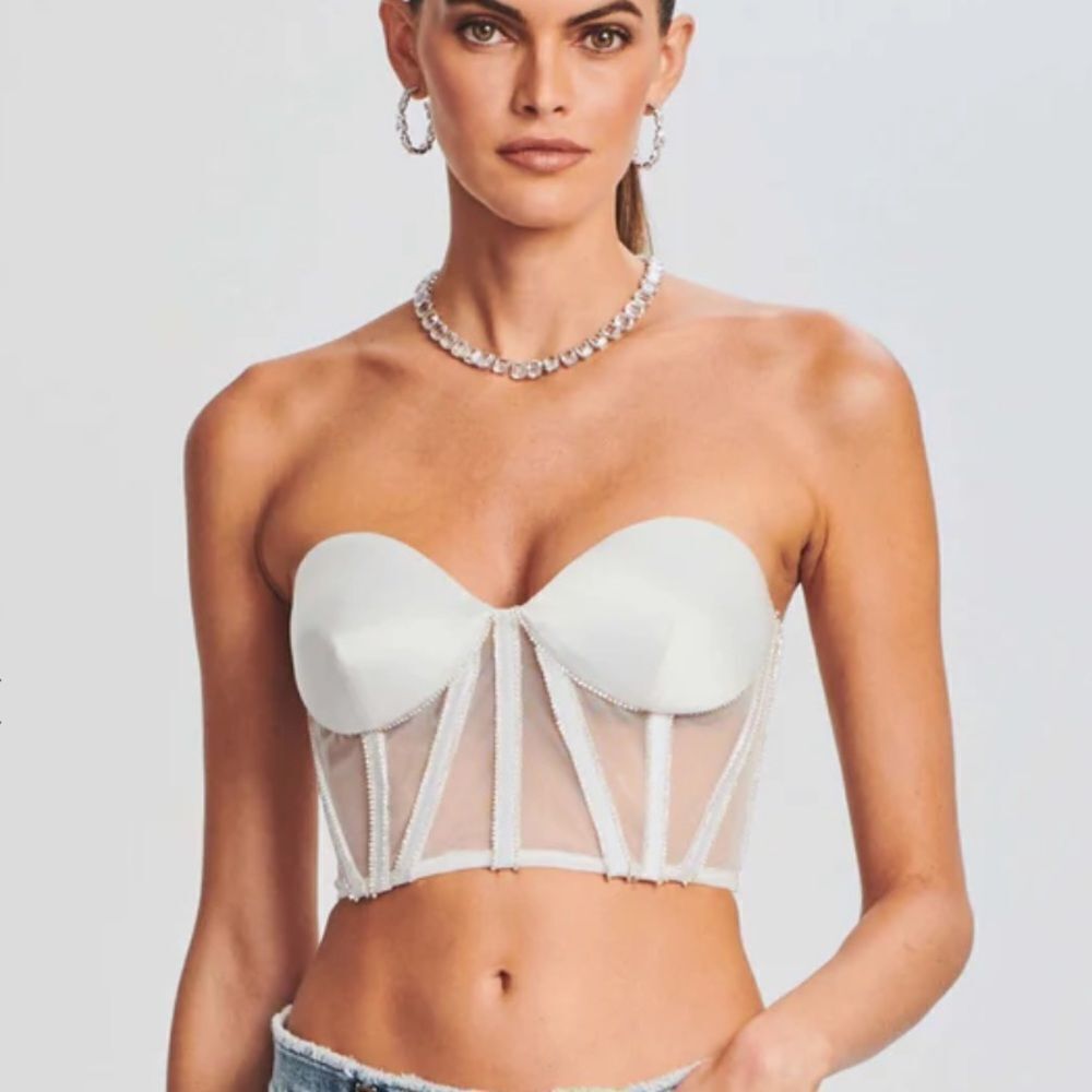 Retrofete Lex top corset bustier White silk rhinestones boned strapless $395 M